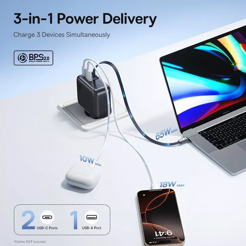 Baseus EnerCore CJ11 Network Charger with USB-C Cable, 100W, 1 x USB-A - 2 x USB-C, Black E0120M00