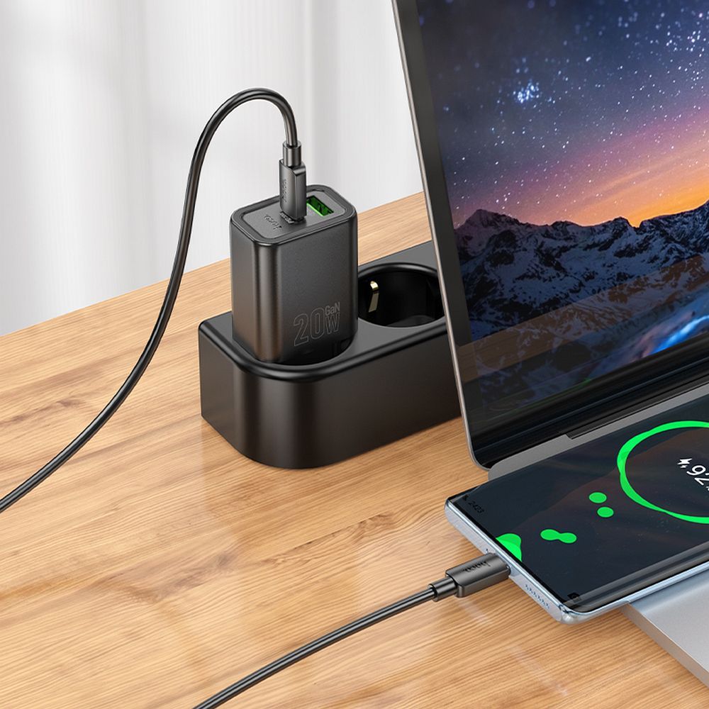 HOCO N61 Network Charger with Lightning Cable, 20W, 3A, 1 x USB-A - 1 x USB-C, Black