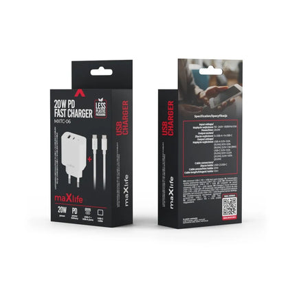 Network Charger with USB-C Cable MaXlife MXTC-06-20AC, 20W, 3A, 1 x USB-A - 1 x USB-C, White