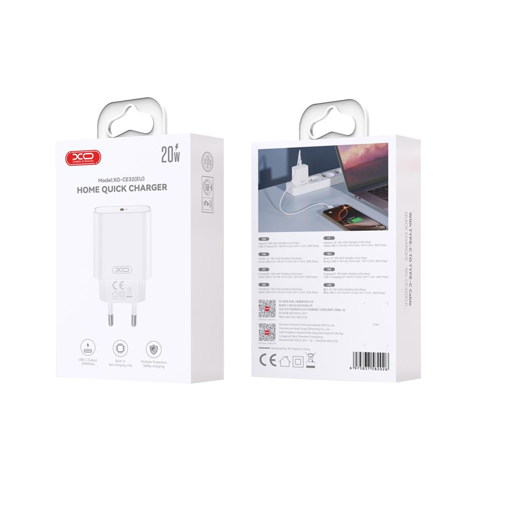 Network Charger with USB-C Cable XO Design CE32, 20W, 3A, 1 x USB-C, White
