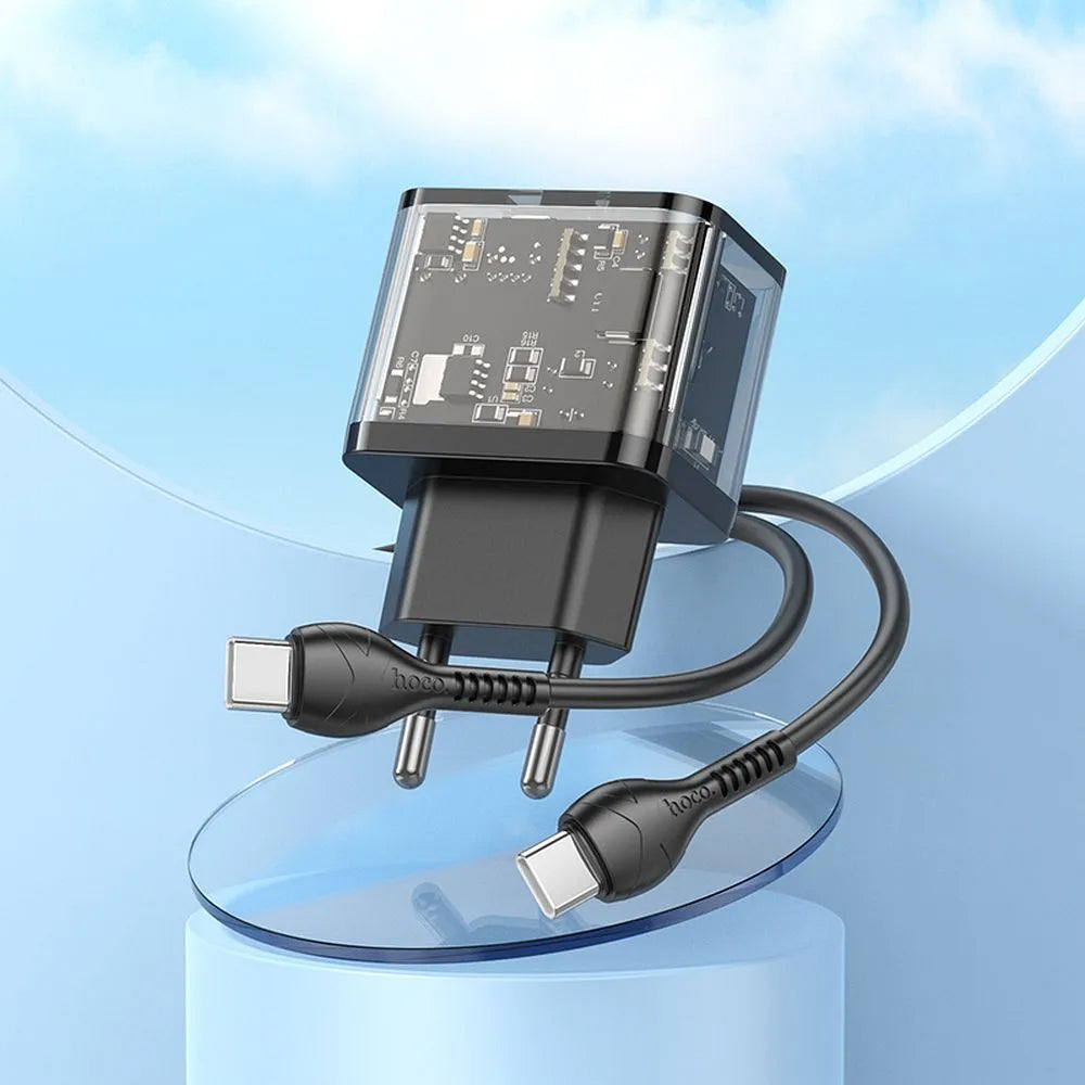 Network Charger with USB-C Cable HOCO N34, 20W, 3A, 1 x USB-A - 1 x USB-C, Transparent