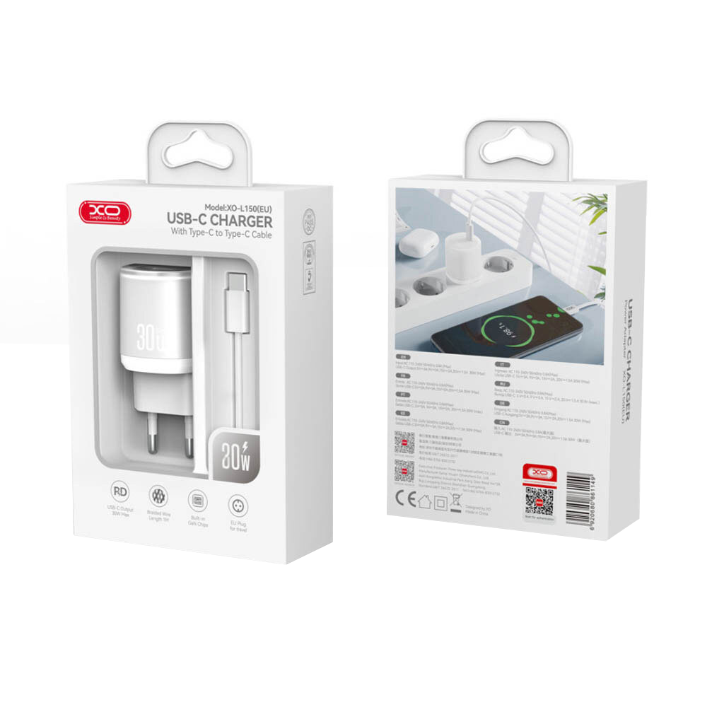 Network Charger with USB-C Cable XO Design L150, 30W, 3A, 1 x USB-C, White