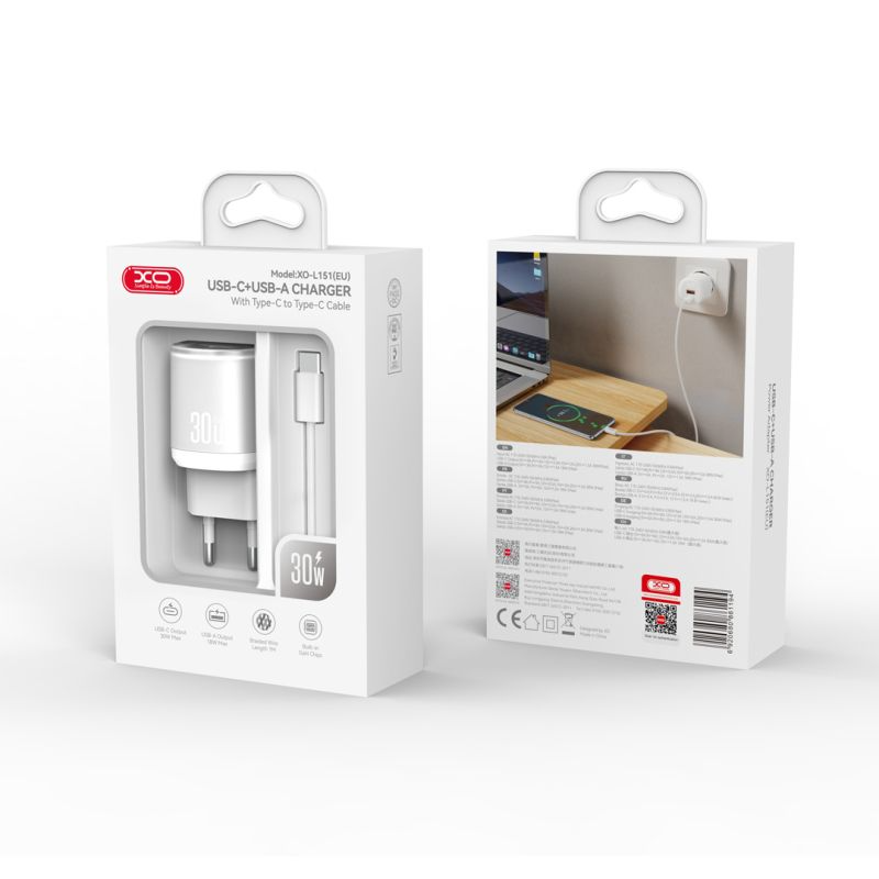 Network Charger with USB-C Cable XO Design L151, 30W, 3A, 1 x USB-A - 1 x USB-C, White