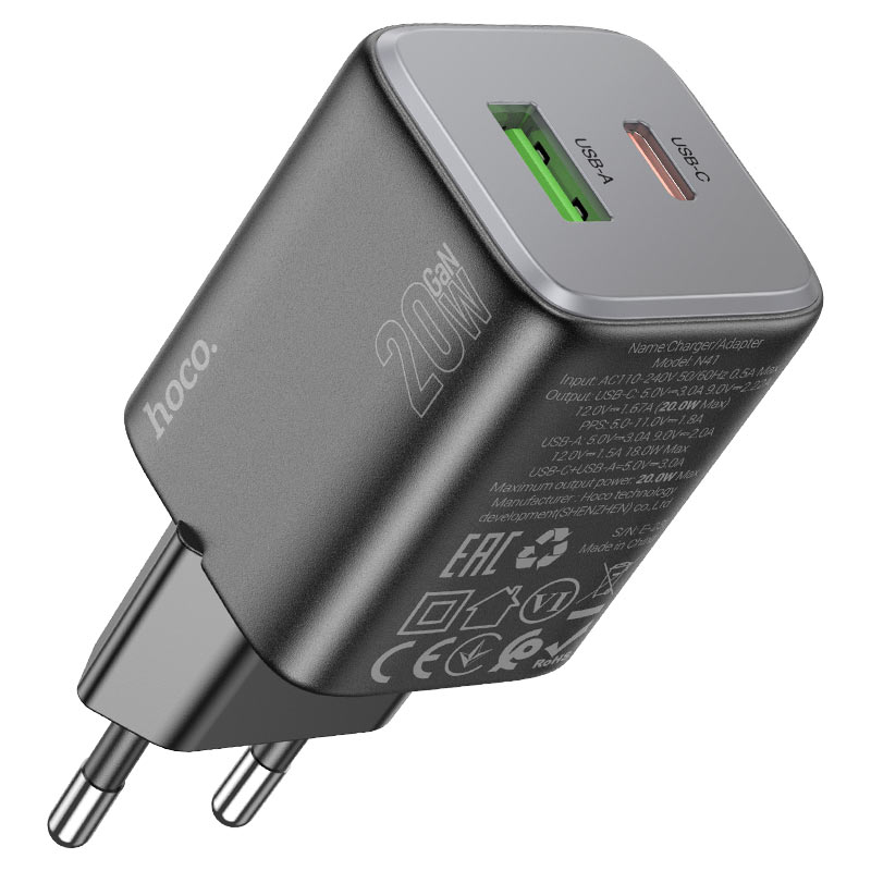 Network Charger with Lightning Cable HOCO N41, 20W, 3A, 1 x USB-A - 1 x USB-C, Black