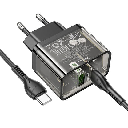 Network Charger with USB-C Cable HOCO N34, 20W, 3A, 1 x USB-A - 1 x USB-C, Transparent