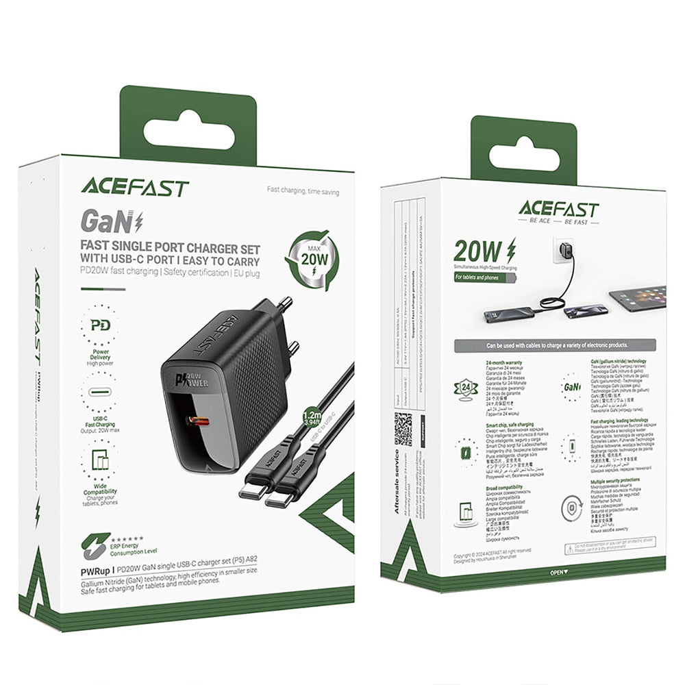 Acefast A82 USB-C Network Charger with Cable, 20W, 3A, 1 x USB-C, Black