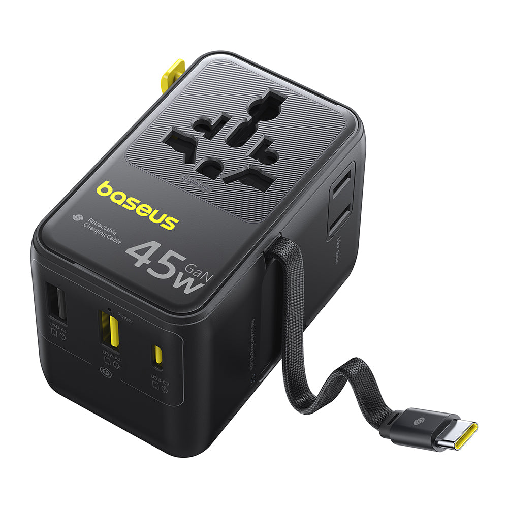 Baseus Travel PicoGo AG11 USB-C Cable Wall Charger, 45W, 2 x Socket - 1 x USB-C - 2 x USB-A, Black E0307F00