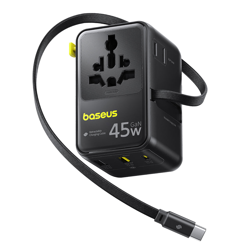 Baseus Travel PicoGo AG11 USB-C Cable Wall Charger, 45W, 2 x Socket - 1 x USB-C - 2 x USB-A, Black E0307F00