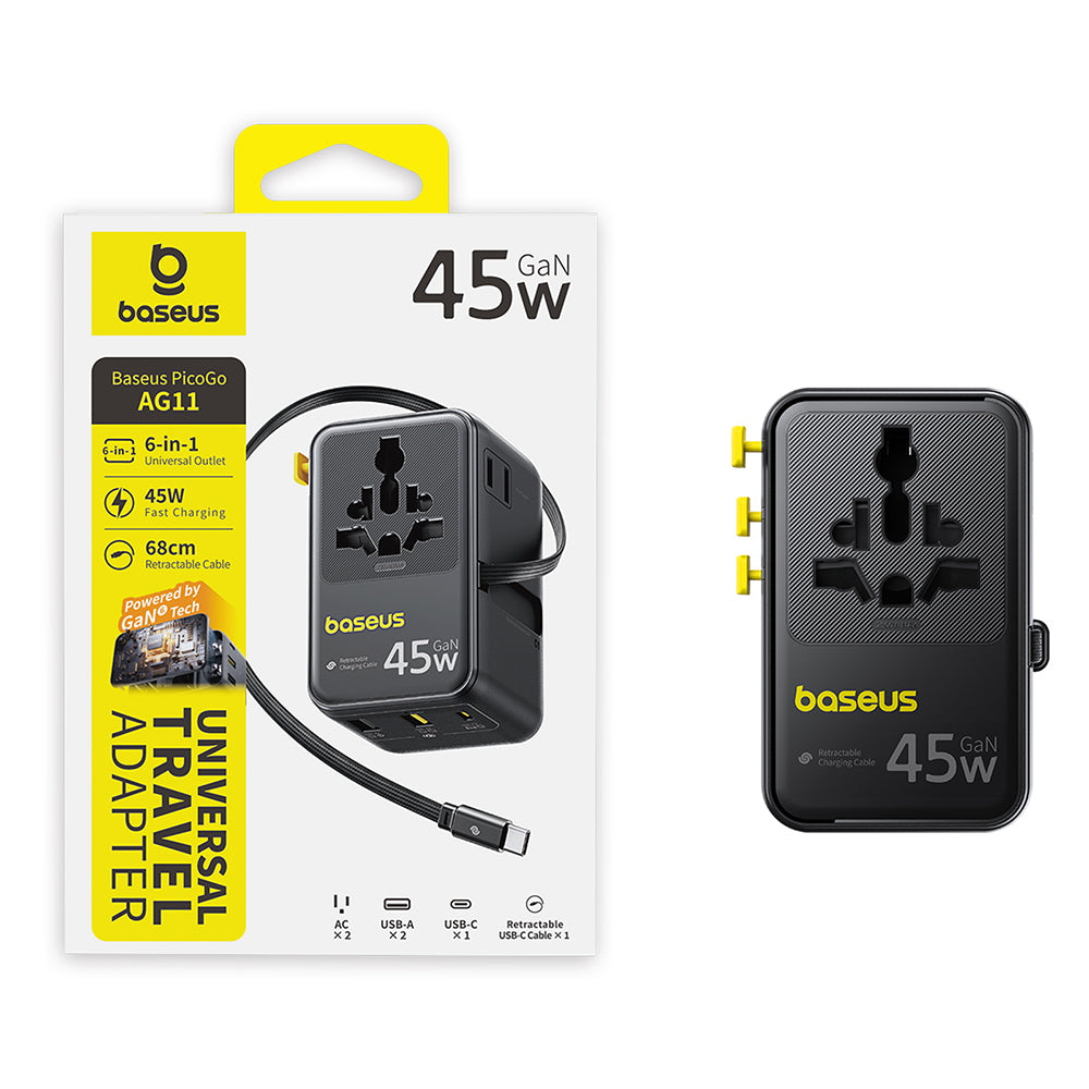 Baseus Travel PicoGo AG11 USB-C Cable Wall Charger, 45W, 2 x Socket - 1 x USB-C - 2 x USB-A, Black E0307F00