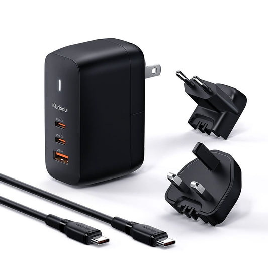 McDodo CH-8442 Mecha Travel Network Charger with USB-C Cable, 65W, 5A, 1 x USB-A - 2 x USB-C, Black