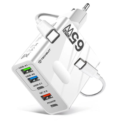 Network Charger with USB-C Cable Techsuit CHC1 PentaXPower, 25W, 3A, 3 x USB-A - 2 x USB-C, White