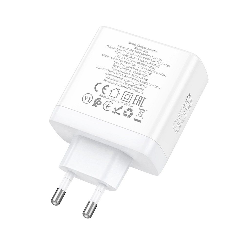 HOCO N30 Network Charger, 65W, 3.25A, 1 x USB-A - 2 x USB-C, White