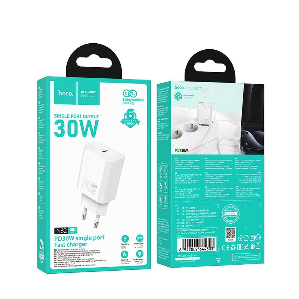 HOCO N62 Network Charger, 30W, 3A, 1 x USB-C, White