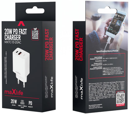 MaXlife MXTC-13-20AC Network Charger, 20W, 3A, 1 x USB-A - 1 x USB-C, White
