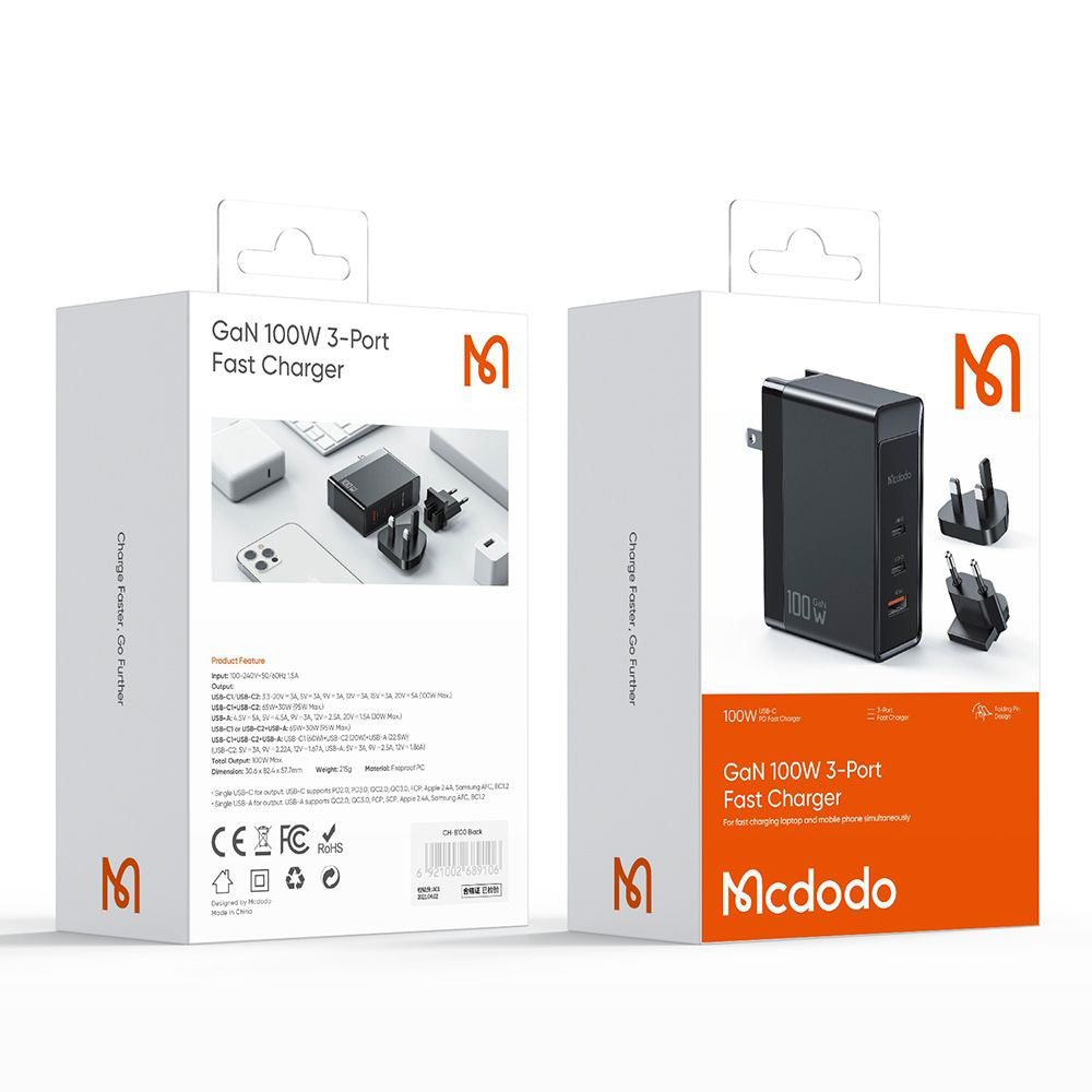 McDodo CH-8101 Pro Nuc AR Power Travel Network Charger, 100W, 5A, 1 x USB-A - 2 x USB-C, Black