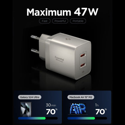 Spigen EE472EU Essential Wall Charger, 47W, 3A, 2 x USB-C, Titan Gray ACH10451