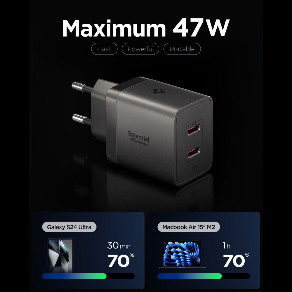Spigen EE472EU Essential Wall Charger, 47W, 3A, 2 x USB-C, Gray ACH10450