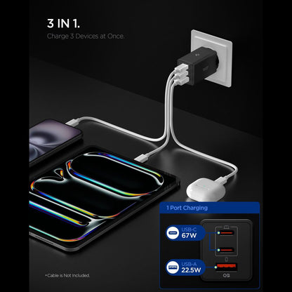 Spigen Essential Network Charger, 67W, 3.25A, 1 x USB-A - 2 x USB-C, Black ACH09458