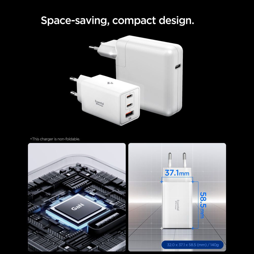 Spigen Essential Network Charger, 67W, 3.25A, 1 x USB-A - 2 x USB-C, White ACH08710