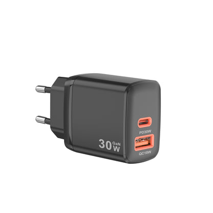 Techsuit CH1 Duonix Network Charger, 30W, 3A, 1 x USB-A - 1 x USB-C, Black
