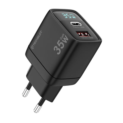 Techsuit CH3 LEDChargX Display Network Charger, 35W, 3A, 1 x USB-A - 1 x USB-C, Black
