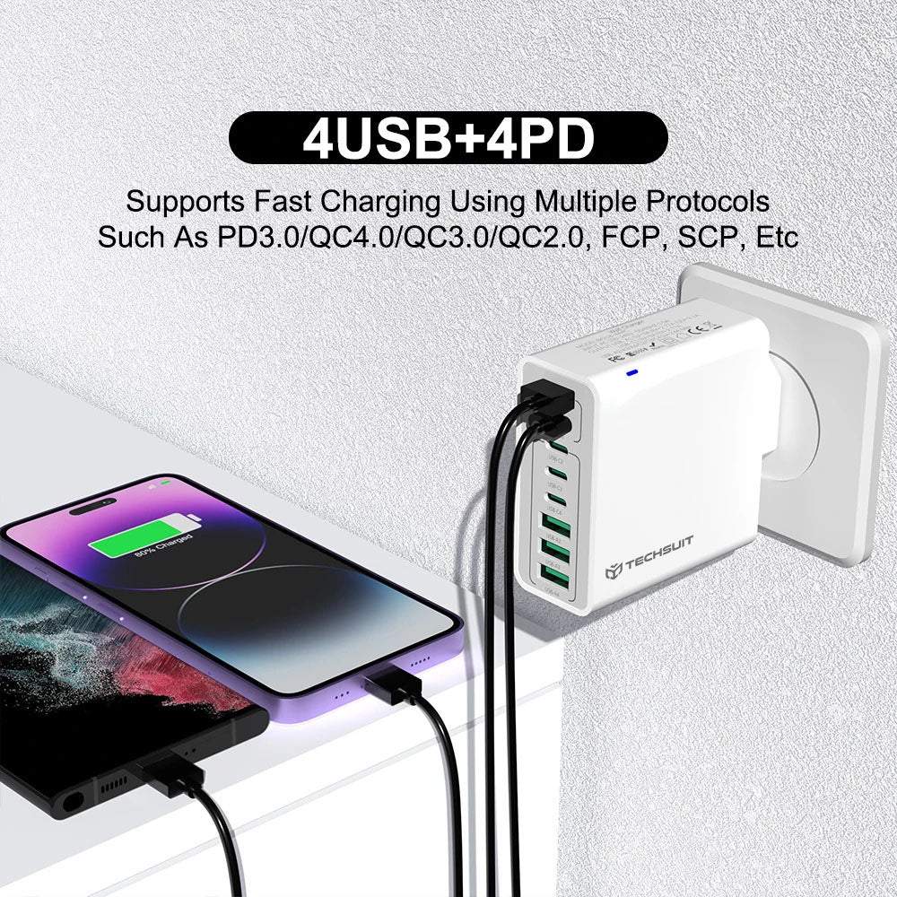 Techsuit CHPD224 Network Charger, 65W, 3.25A, 4 x USB-A - 4 x USB-C, White