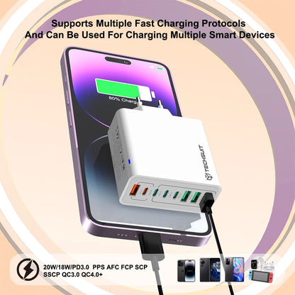 Techsuit CHPD224 Network Charger, 65W, 3.25A, 4 x USB-A - 4 x USB-C, White