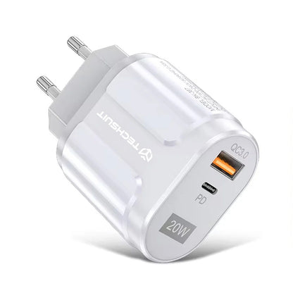Techsuit Premium Network Charger, 20W, 3A, 1 x USB-A - 1 x USB-C, White