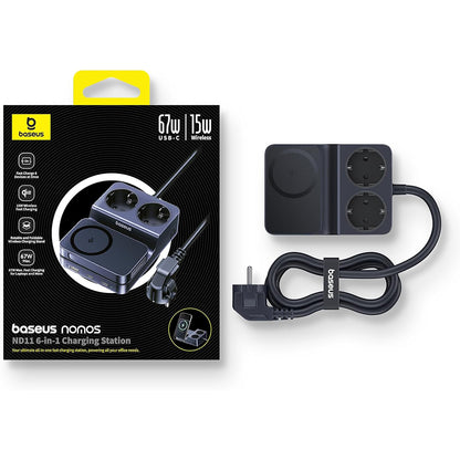 Baseus Nomos ND11 QI 6in1 Charging Station, 67W, 3.35A, 1 x USB-A - 2 x USB-C - 2 x Schuko, Black E00078801123-00