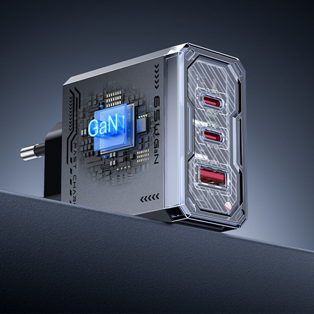 Yesido YC101 Network Charger, 65W, 3.25A, 1 x USB-A - 2 x USB-C, Black