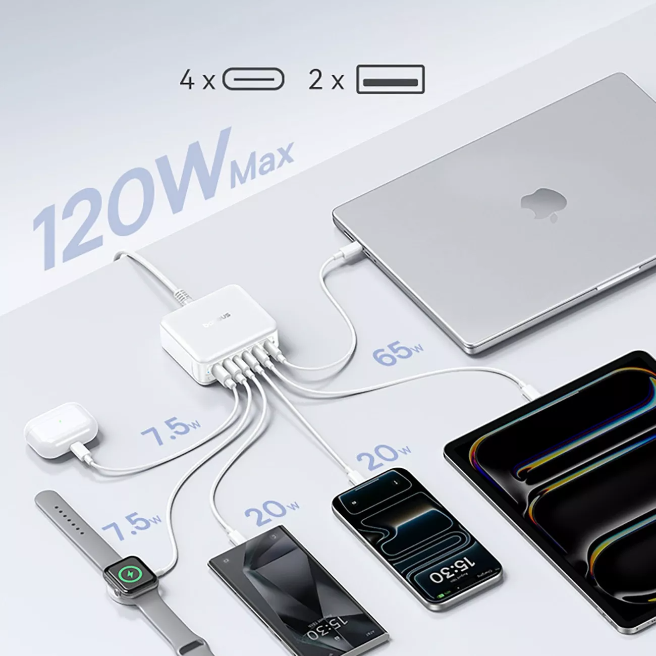 Baseus EnerFill FH21 Station Charger, 120W, 3.25A, 2 x USB-A - 4 x USB-C, White E0120T01