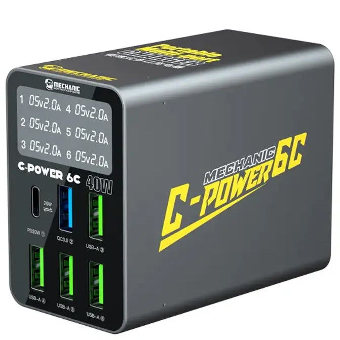 Mechanic 6C Charging Station with Display, 40W, 3A, 1 x USB-C - 5 x USB-A, Black
