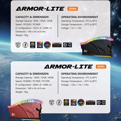 Dato Ares Armor Lite RAM Memory, DDR5, RGB, 16GB, 7000Mhz, Black ARB16G5K70