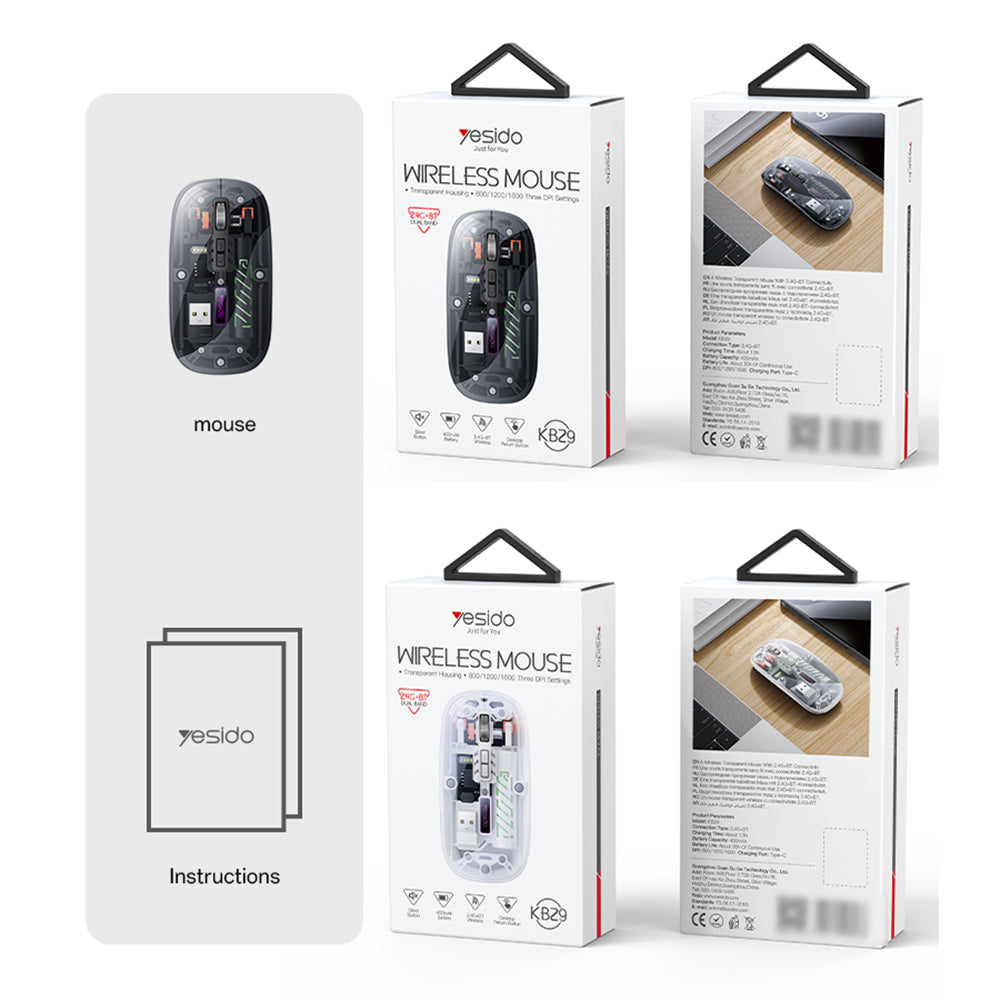 Yesido KB29 Wireless Mouse, 800DPI - 1600DPI, BT / Wi-Fi, Black
