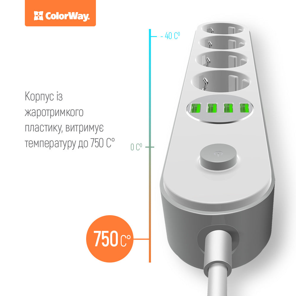 ColorWay Extension Cord, 4 x Schuko, White