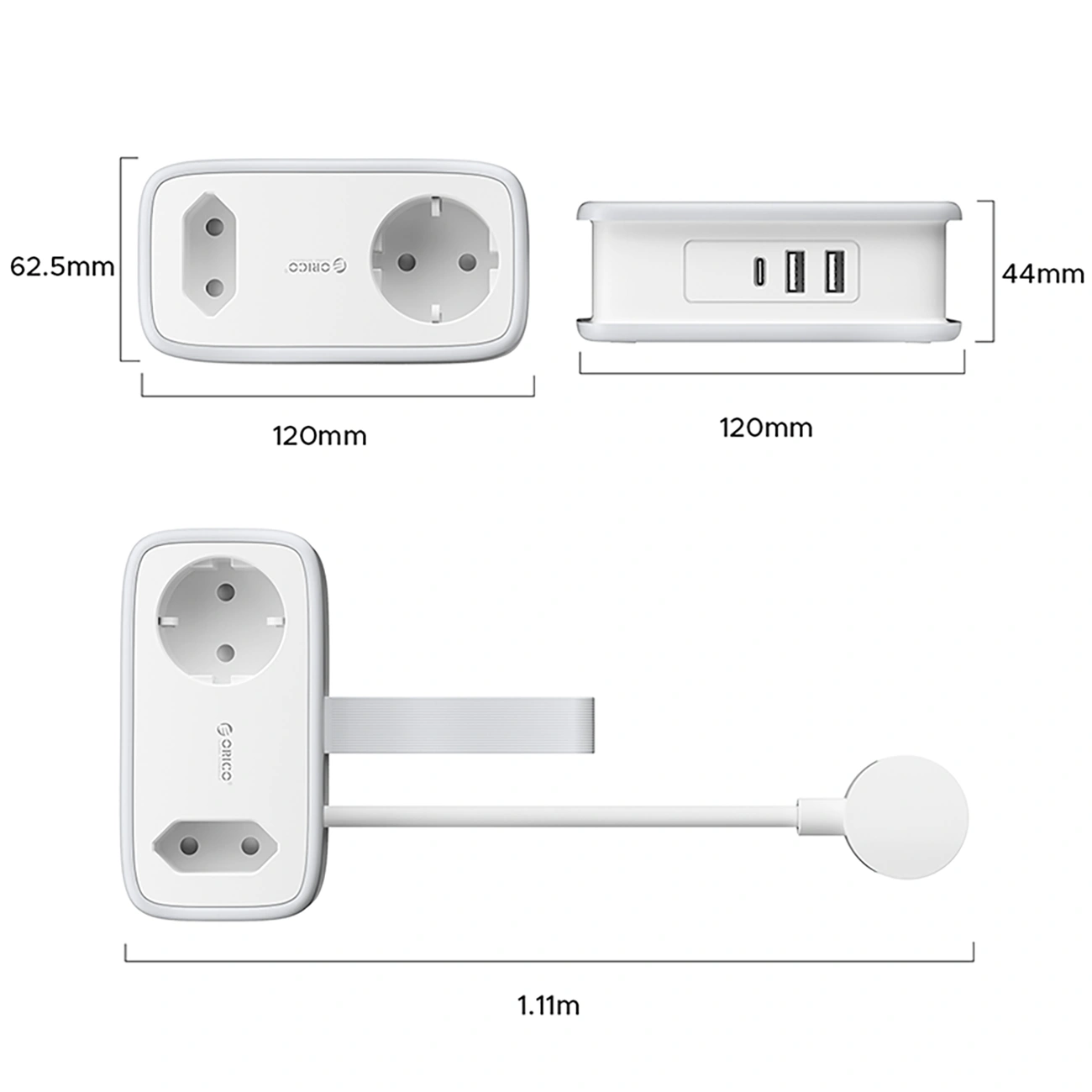 Orico APP Extension Cord, 1 x Schuko - 1 x Socket - 2 x USB-A - 1 x USB-C, White Gray